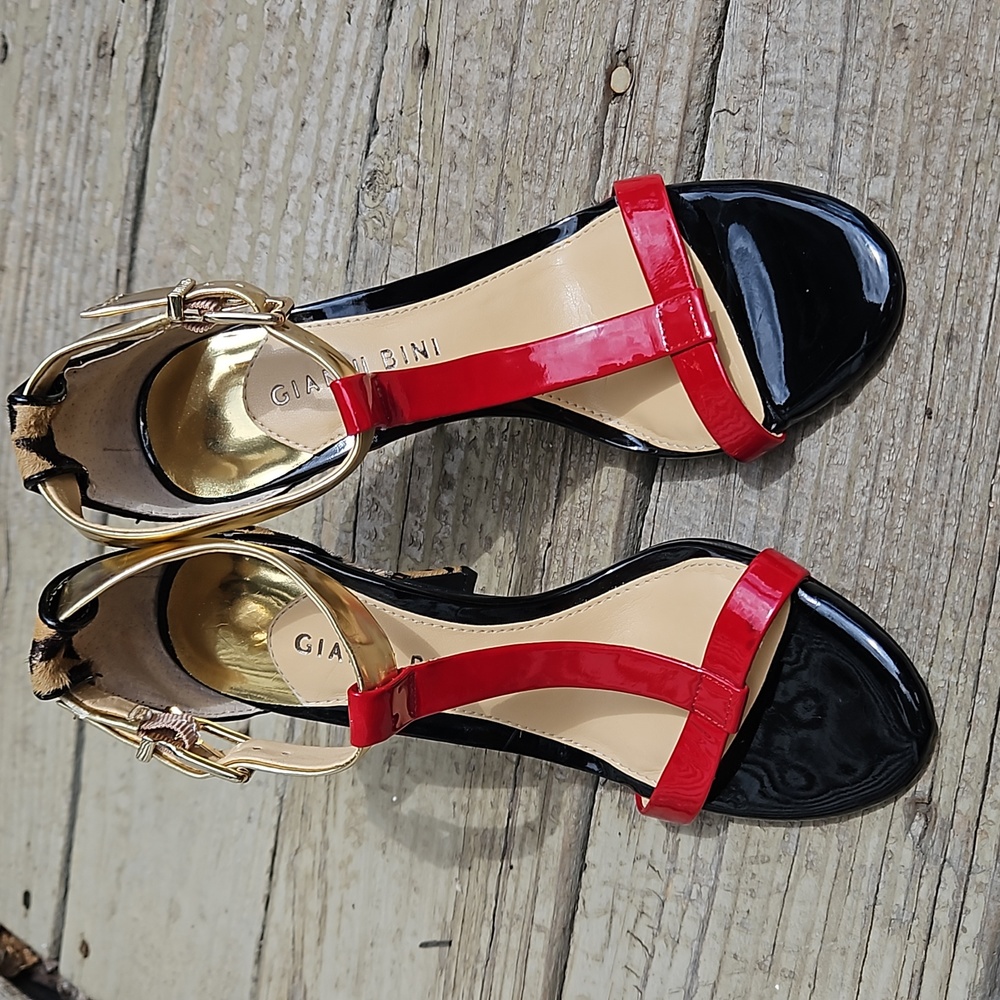 Gianni Bini 4 inch Heels Red Gold Strappy Leopard Heel - Picture 3 of 8